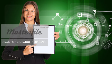 Beautiful businesswoman in suit holding paper holder. Network with circles. Technology concept