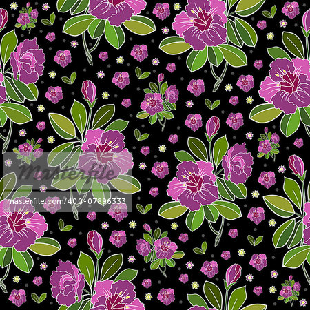 Illustration of seamless abstract floral background in pink, lilac, green and black colors