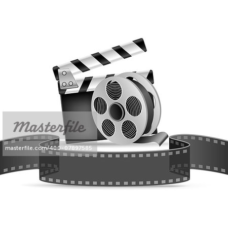 The clapperboard, film tape and reel on the white background