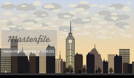 Vector illustration of big city and skyscrapers with clouds. Sunset