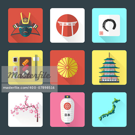 vector color flat style japan national theme icons with shadow set