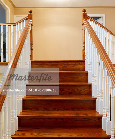 Beautiful foyer looking down hardwood stairs in new house