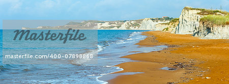Xi Beach panorama with red sand and white cliffs. Morning view (Greece, Kefalonia). Ionian Sea.