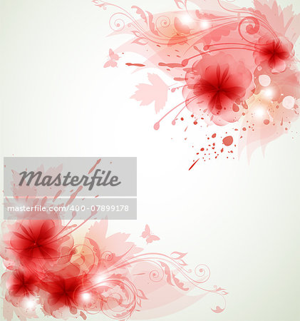 Abstract vector floral background with red flowers and leaves