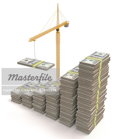 Building crane making dollars pile. Clipping path included.
