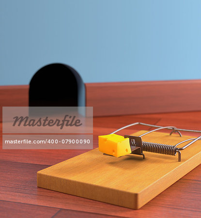 Mousetrap with cheese on a wooden floor. Depth of field in cheese.