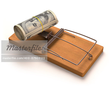Wad of cash as bait in a trap. Clipping path included.