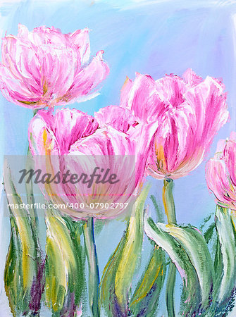 Pink tulips, oil painting on canvas