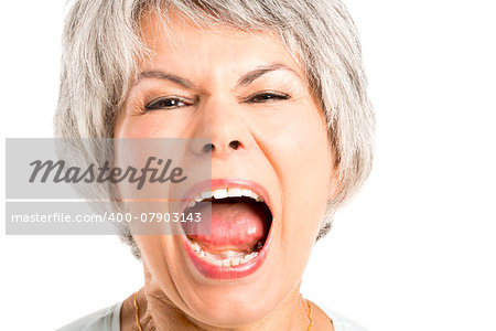 Portrait of a elderly woman with a yelling expression