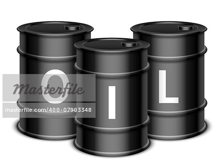 Three black oil barrels on white background