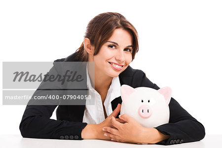 Beautiful hispanic business woman holding a piggy bank, isolated over white background