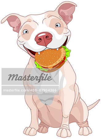 Illustration of Cute Pit Bull Dog Eats Hamburger