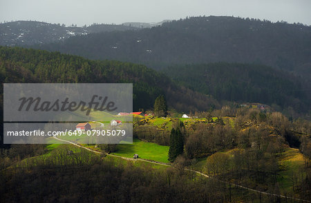 View of houses in valley near Lysefjord, Rogaland County, Norway View of houses in valley near Lysefjord, Rogaland County, Norway