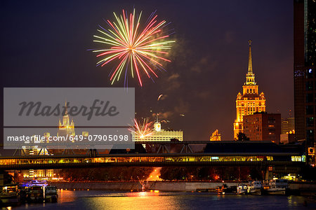 View of fireworks above White House and Bagration bridge  at night, Moscow, Russia