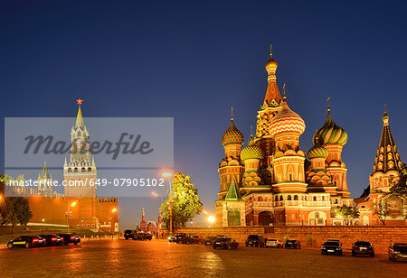 View of Red Square, Kremlin towers and Saint Basils Cathedral at night, Moscow, Russia