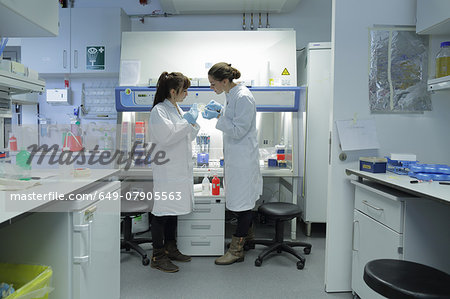 Biology lab technicians having discussion at work