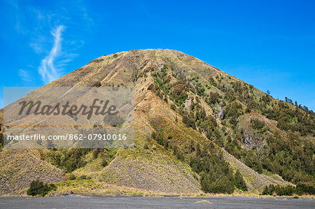 Indonesia, Java, Bromo. Mount Batok lies in the Sea of Sand.  It is no longer an active volcano so its deeply fissured cone now has grass and casuarina trees growing on its sides.