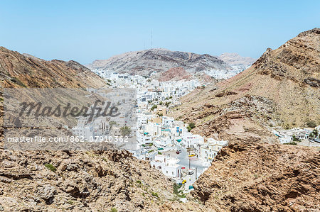 Oman, Muscat, Ruwi. Hamriyah suburbs of Ruwi with typical whitewashed buildings, from elevated point