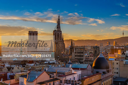 Barri Gotic skyline at sunset with Cathedral of the Holy Cross and Saint Eulalia, Barcelona, Catalonia, Spain