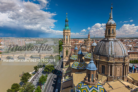 Top view of Basilica de Nuestra Senora del Pilar church and city skyline, Zaragoza, Aragon, Spain