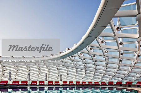 Grid shell and swimming pool detail of the Yas Viceroy Abu Dhabi Hotel designed by the architects Asymptote Architecture in Yas West, Abu Dhabi, United Arab Emirates.