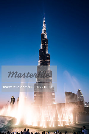 United Arab Emirates, Dubai. Burj Khalifa at dusk, with fountain show