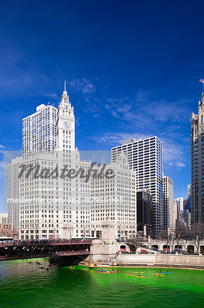 USA, Illinois, Chicago. St Patrick's Day Celebrations when the Chicago river is dyed green.