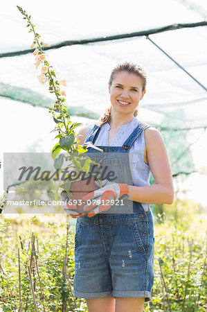 Portrait of happy gardener holding potted plants at greenhouse