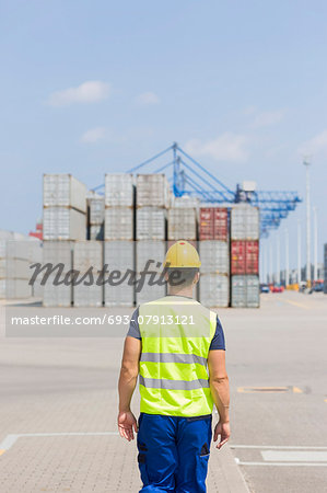 Rear view of mid adult worker walking in shipping yard