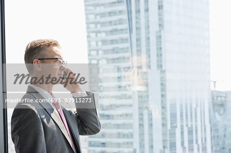 Mature businessman talking on cell phone by window