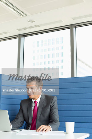 Smiling mature businessman using laptop at desk