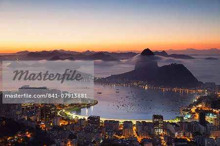 View of Sugarloaf Mountain and Botafogo Bay at dawn, Rio de Janeiro, Brazil, South America