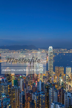 View of Kowloon and Hong Kong Island from Victoria Peak at dusk, Hong Kong, China, Asia