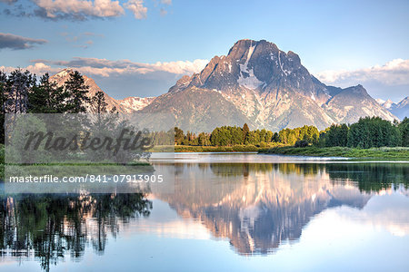 Water reflection of Mount Moran, taken from Oxbow Bend Turnout, Grand Teton National Park, Wyoming, United States of America, North America