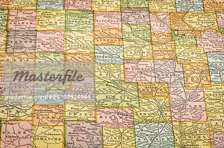 central Kansas on vintage 1920s map, selective focus (printed in 1926 - copyrights expired)