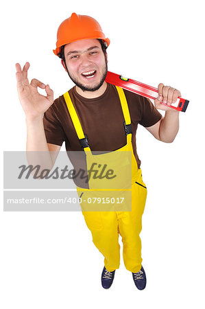 happy builder with helmet on a white background