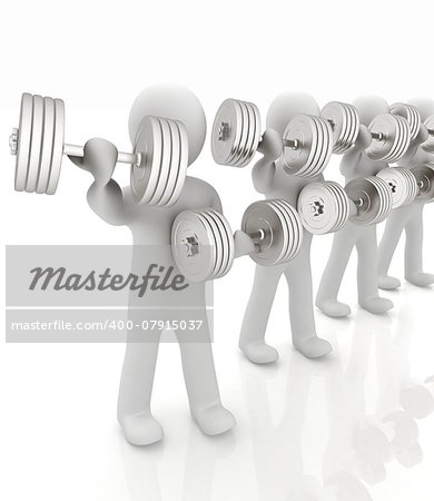3d mans with metall dumbbells on a white background