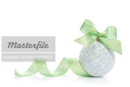 Christmas bauble with green ribbon. Isolated on white background