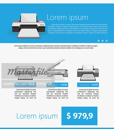 Flat vector illustration of different gray printers with sample text and price on blue and white background.