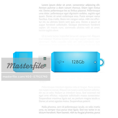 Blue opened USB flash memory 128 Gb. Isolated vector illustration on white background with sample text.