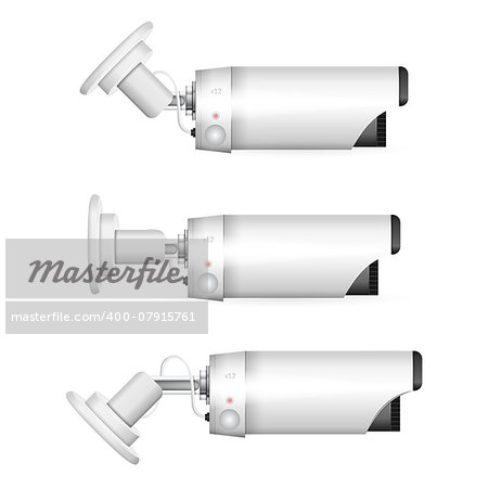 White surveillance camera in three positions a side view. Three isolated vector illustrations on white background.