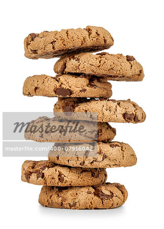 stack of chocolate chip cookies isolated on white background.