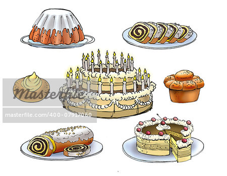 Colorful drawing of confectionery cakes pies and cookies