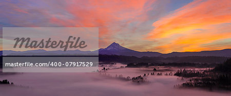 Pre Sunrise Over Mount Hood with Fog Over Sandy River from Jonsrud Viewpoint in Oregon Panorama