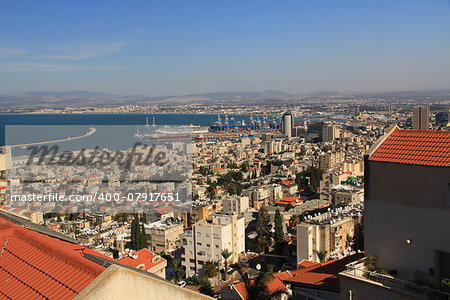 Panoramic view of the Mediterranean seaport of Haifa Israel.