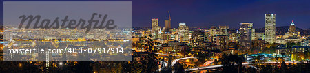 Portland Oregon Downtown Cityscape and Freeway at Evening Blue Hour Panorama