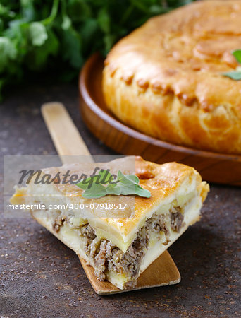 homemade meat pie with potatoes and oregano