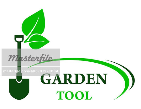 garden background with shovel and green leaf with decorative line