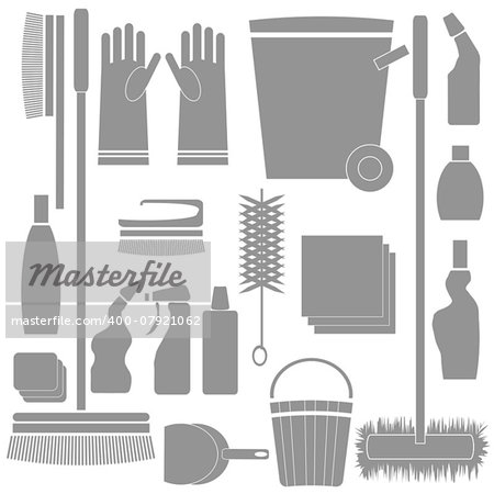 colorful illustration with  Cleaning Tools silhouettes on white background