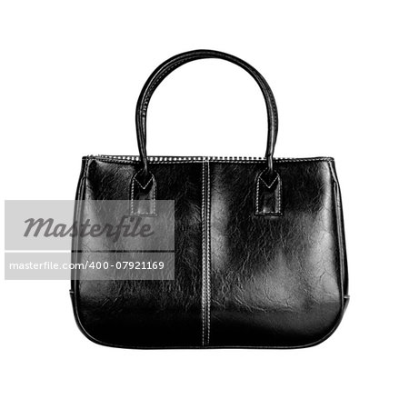 High-resolution image of an isolated black leather handbag on white background. High-quality clipping path included.